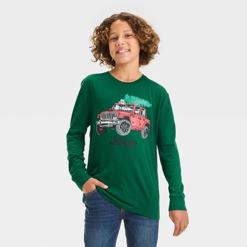Boys' Long Sleeve Christmas Jeep Graphic T-Shirt - Art Class™ Dark Green L